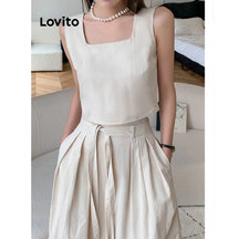 Lovito Casual Conjunto Feminino Liso de Saia Plissada com Cinto e Bolso