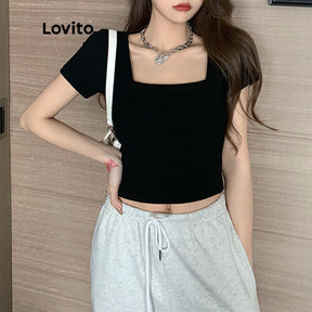 Lovito Casual Camiseta Feminina Lisa Básica com Decote Quadrado