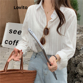 Lovito Casual Blusa Feminina Lisa de Jacquard com Manga Comprida