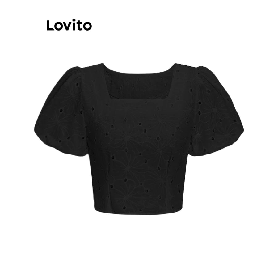 Lovito Casual Blusa Feminina Lisa Franzida Com Bordados De Ilhós Blusa Branca